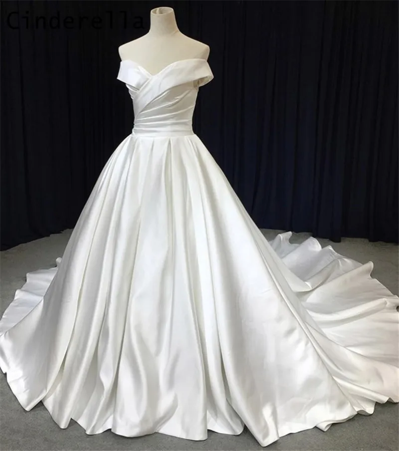 

Cinderella Elegant V-Neck Off The Shoulder A-Line Cathedral Train Satin Wedding Dresses With Lace Up Back vestido de noiva