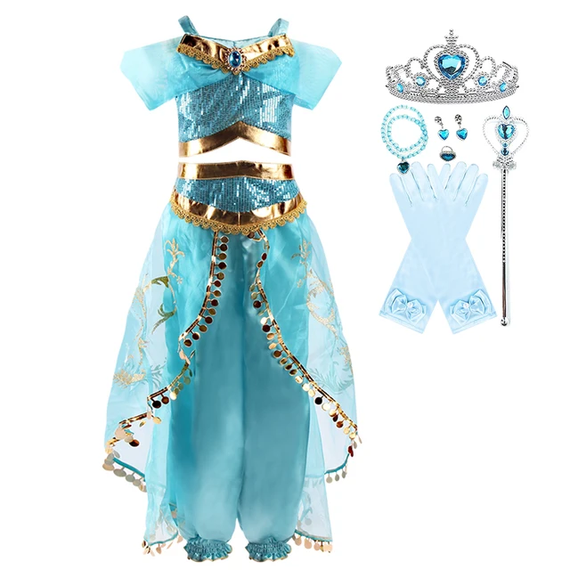 Girls Jasmine Dress Arabian Princess Costume Kids Birthday Party Christmas Fancy Dress Baby Jasmine Cosplay Costume 3-10 Years Dress and set m