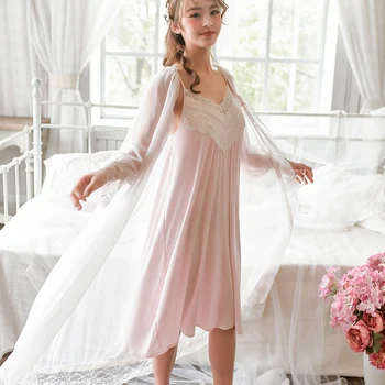 

Spring and autumn two-piece full sleeves women vintage nightgowns sexy spaghetti strap modal sleepdress long style gauze nightie