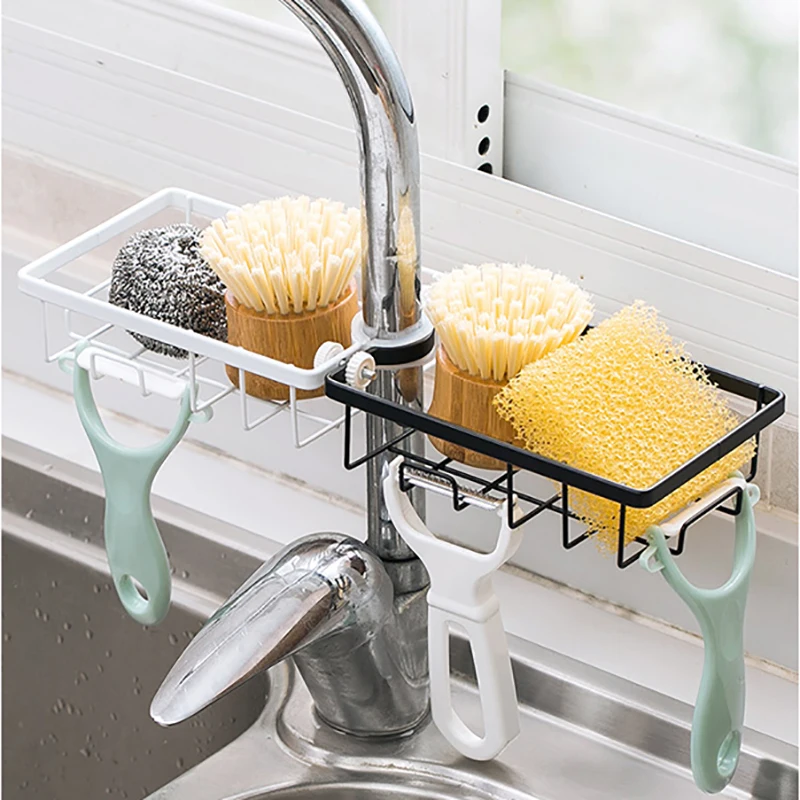 Home Accessories Iron Sink Hanging Punch Faucet Storage Bathroom Hollow Out Shelves Free Kitchen Drain Storage Rack Organizer