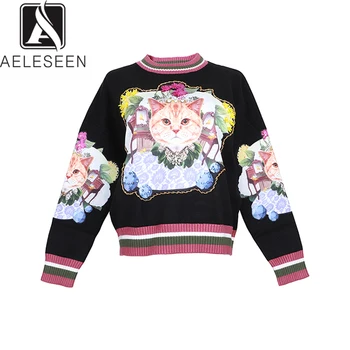 

AELESEEN 2020 New Design Cat Pattern Appliques Sweater Women Luxury Diamonds & Beading Pullover High Quality Loose Knitting Tops