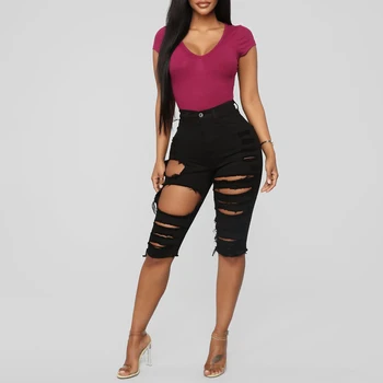 

2020 Sexy Women Summer Denim Skinny Ripped Shorts Black High Waist Hole Destroyed Draped Stretch Bodycon Jeans Slim Shorts Q30