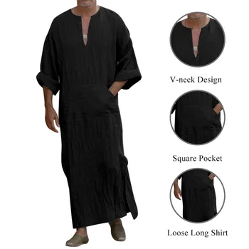 

2020 Muslim Men's Shirt Plus Size 2020 Casual Loose Long Sleeves Male Pocket Arab Fashion Cotton And Linen Button Plain Robes