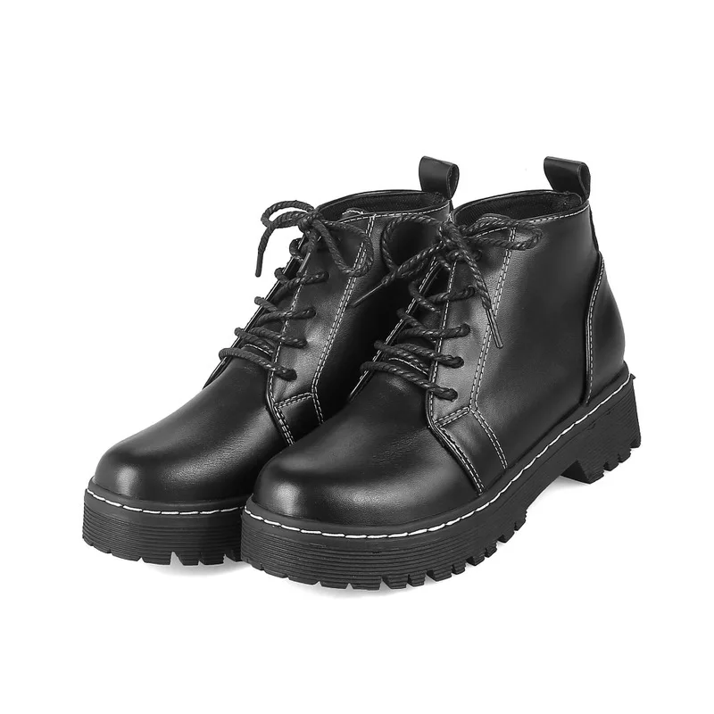 

Free Shipping 2019 Spring and Autumn Martin Boots Snow Warm Black Round Toe Women's Shoes Basic Lace Up PU Ankle Solid