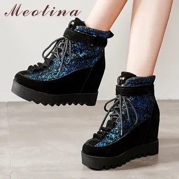 

Meotina Winter Ankle Boots Women Glitter Height Increasing High Heel Short Boots Mixed Colors Round Toe Shoes Ladies Size 33-43