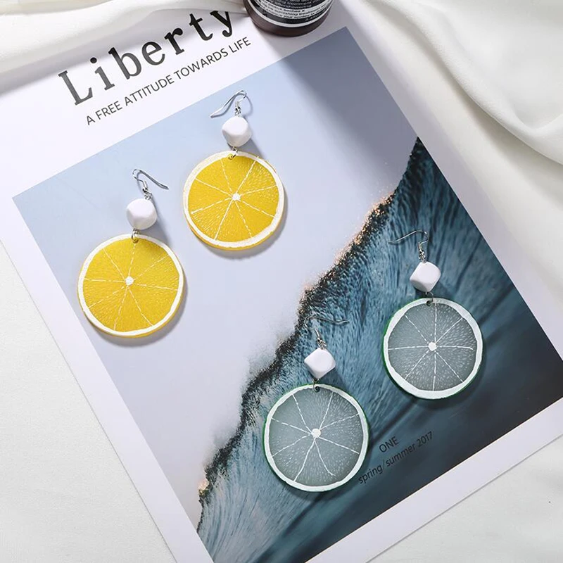 

AMORCOME Ins Hot Personality Fruit Lemon Long Drop Earrings Unique Design Clear Pendant Summer Fruit Dangle Earrings Jewelry