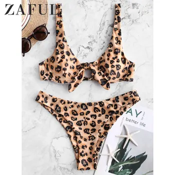 

ZAFUL Push Up Leopard Tied Bikini Swimsuit Underwire Plunging Bikini Two Pieces Swimsuit 2020 Animal Print Basic Bikini Suits