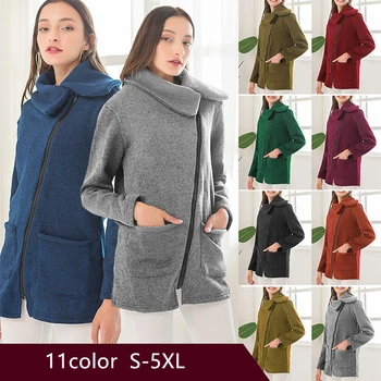 

Lugentolo Women Jacket Plus Velvet Autumn and Winter Fashion New Side Zipper Solid Color Zippers Pockets Double-layer