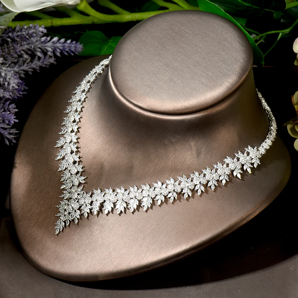 HIBRIDE Geometric Sparkling Fancy White Cubic Zirconia Necklace Earrings Set for Women Dubai White Color Bridal Jewelry N-1837 - Image 5