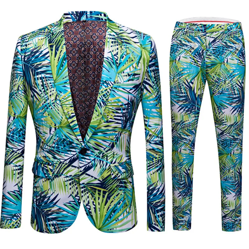 

Hawaii Style Holiday Men Suit 2019 Korean Slim fit Leaf Printed 2 Pieces set One-Button Blazers Pant Casual Summer suits Outwear