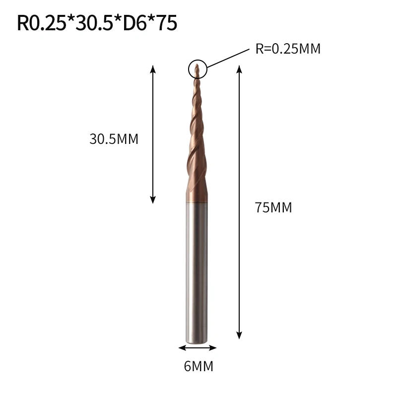 Augusttools Tapered cone Ball Nose End Mill HRC60 Cnc Taper Wood Metal Cutter Tungsten Solid Carbide Tapered Milling Cutter 4mm - Длина режущей кромки: R0.25X30.5XD6X75L