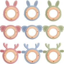 Anneau de dentition en Silicone pour bébé, jouet rond en bois de hêtre, cadeau de noël sans BPA, petite tige hochet poussette 