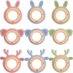 Juguetes mordedores de silicona para bebé, anillo redondo de madera de haya, dientes sin BPA de Navidad, sonajero de varilla pequeña, cochecito, juguete de dentición, regalos para niños pequeños
