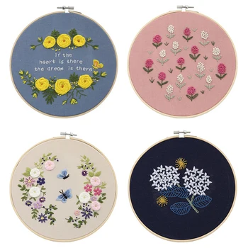 

DIY Embroidery Starter Kit with Flowers Plants Pattern Embroidery Cloth Color Threads Tools Kit Floral Cross Stitch Kit