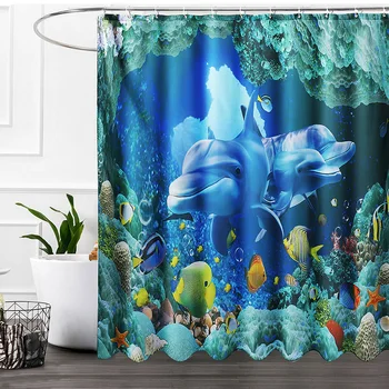 

Underwater World Dolphins Soft Shower Curtains Set Waterproof Blue Sea Fabric Toilet Rug Mat Pad Bathroom Products