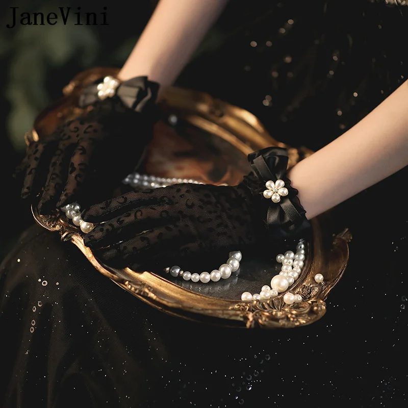 

JaneVini 2021 Sexy Leopard Short Wedding Gloves Wrist Length Transparent Tulle Black Bridal Gloves Finger Wedding Accessories