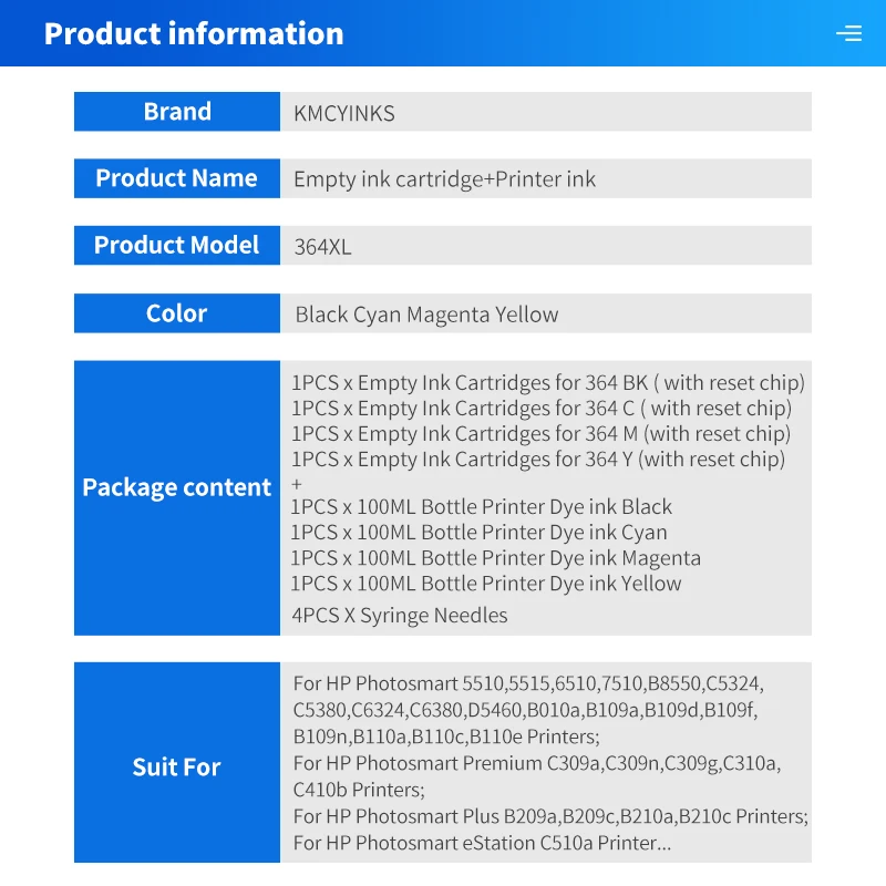 Kmcyinks-cartucho de Tinta com Chip Permanente hp 364 364xl B109a B110a B110c B110e B209a 7510 Pcs - Imagem 6