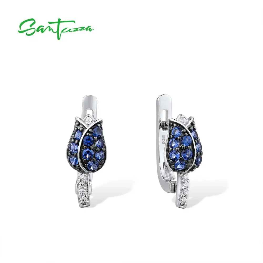 SANTUZZA Silver Earrings For Women 925 Sterling Silver Stud Earrings Silver Blue Tulip Cubic Zirconia brincos Fashion Jewelry