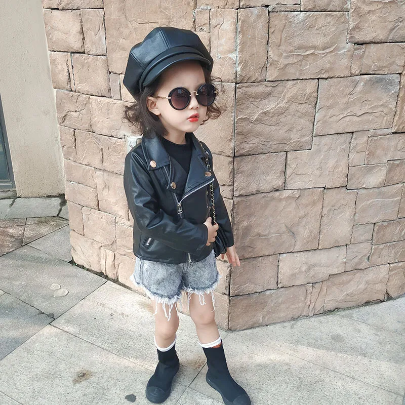 Black Leather Jacket for Kid Girls Autumn Faux Leather Coats for Baby Girls Outerwear and Coats Kids Jacket Baby Girl Coat