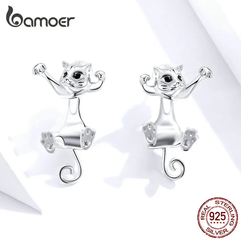 Bamoer, серебро 925, ювелирное изделие, милый кот, серьги-гвоздики с животными для женщин, новинка, Brincos, модные ювелирные изделия, аксессуары для женщин SCE766