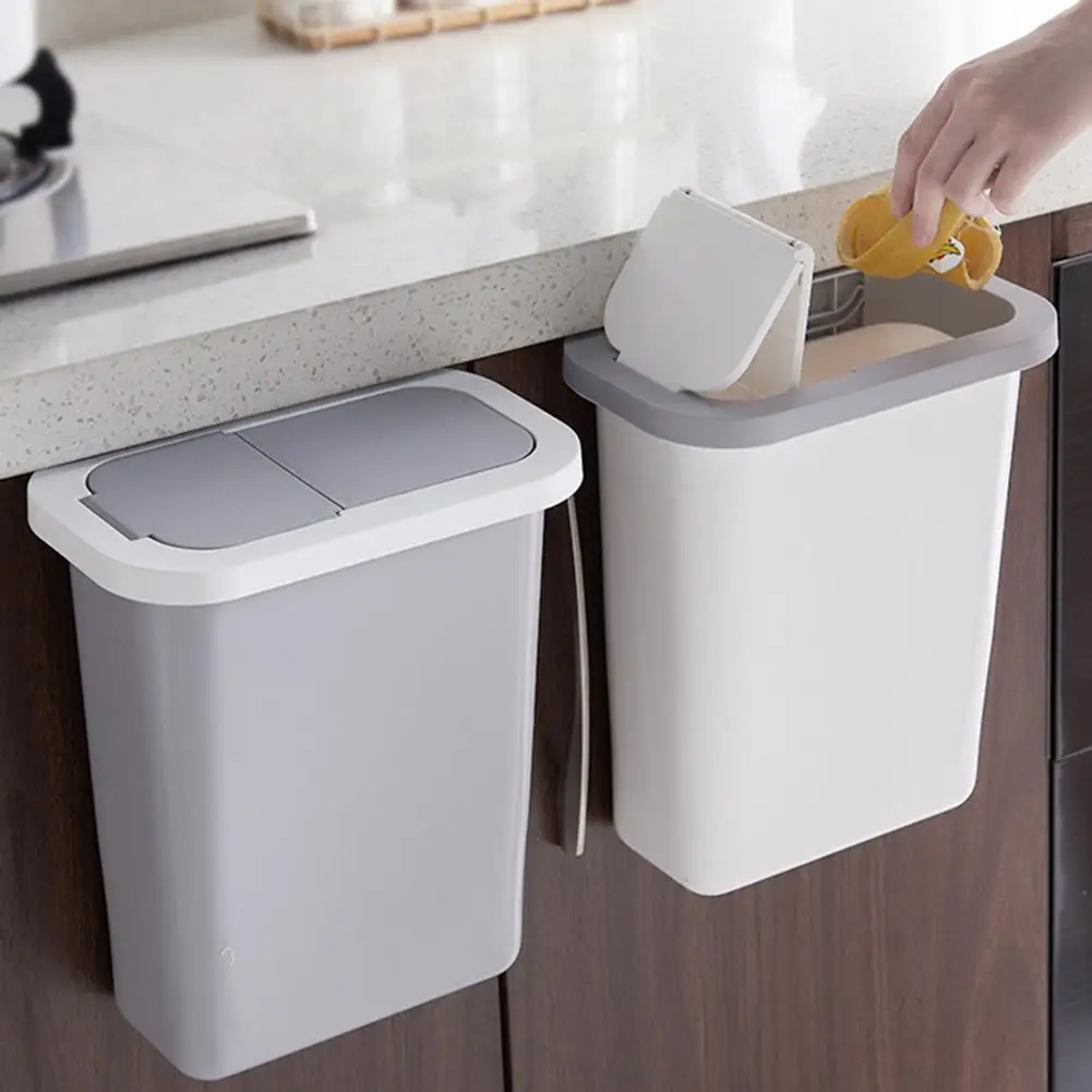 Kitchen Cabinet Door Hanging Trash Can With Lid Wall-mounted Waste Baskets With Drawers Push-top Trash Garbage Bin Can