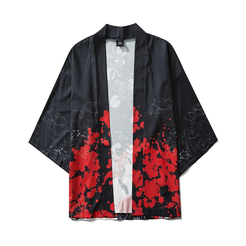 Harajuku Samurai Kimono Cardigan - front view of black red and white style