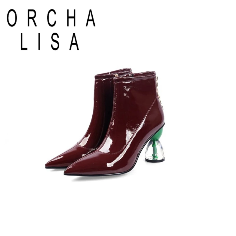 

ORCHA LISA Woman Winter Ankle Boots Pointed Toe Strange Heels Genuine leather Transparent zipper Big size 34-43 Casual Red wine