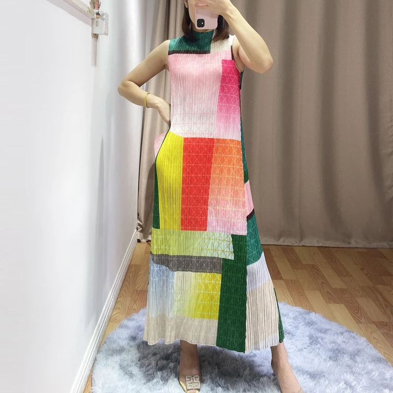 Changpleat новые женские платья Miyak Плиссированное модное дизайнерское платье без рукавов со стоячим воротником и эластичной талией D879