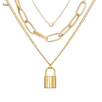 

Multilayer Lock&Key Heart Gold Chain Necklaces Set For Women&Men Bohemian Pendant Choker Necklace Fashion Jewelry