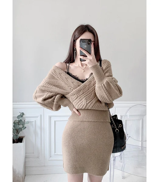 Stretch Knitted 2 Pieces Set Women V-neck Pullover Sweaters And Pencil Bodycon Skirts 2020 Autumn Casual Skirt Suits | Женская одежда
