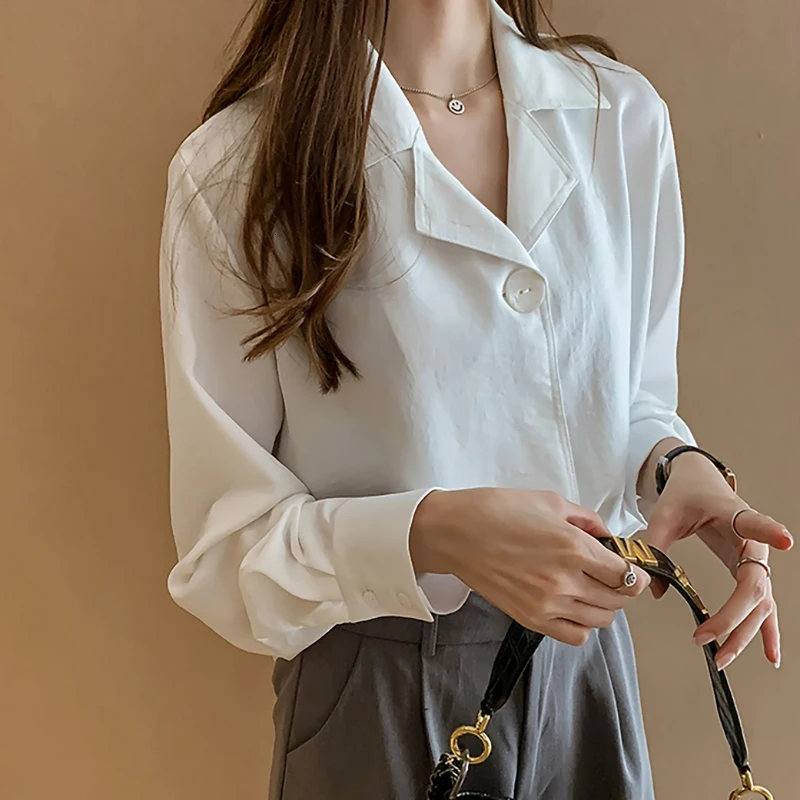 

SexeMara 2019 Autumn New Notched Collar Single Button Irregular Hem Solid Full Sleeve Ladies Fashion Loose Chifforn Shirt CST096