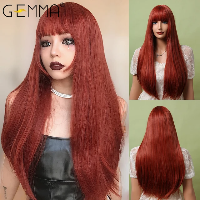 GEMMA Red Brown Copper Ginger Long Straight Synthetic Wigs for Women Natural Wave Wigs with Bangs Heat Resistant Cosplay Hair LC5021-1