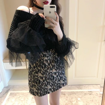 

V-Neck Ruffled Collar Knitted Women Sweater Spring Autumn Sexy Patchwork Loose Jumper Fashion Sweater Pullover Femme Pull SW12