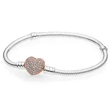 925 пробы Серебряная роза Сердце застежка змея цепь ПАН браслет подходит для женщин бисера Шарм Diy Европа ювелирные изделия