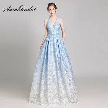 

New Arrival Fashion Ball Gown Evening Dresses Sky Blue Sexy V-Neck Open Back Elegant Women Formal Party Dress L5541