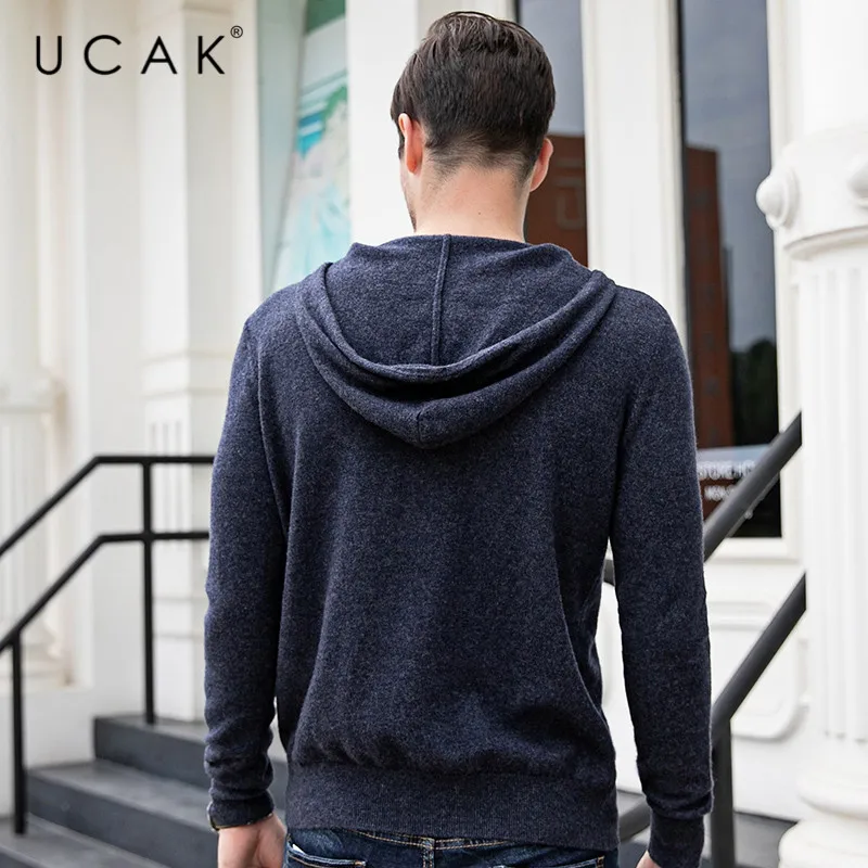 Promo UCAK Brand Sweaters Men 2019 Autumn Winter Casual Pull Homme Pure Merino Wool Hooded Solid Fashion Cashmere Sweater Men U3085
