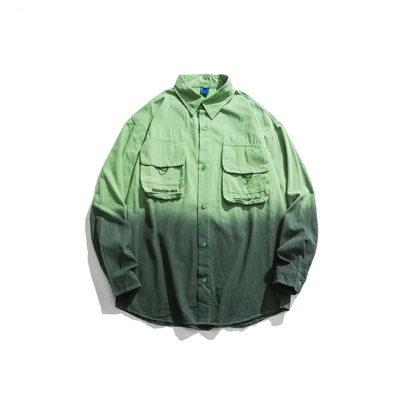 green shirt Темная икона галстук крашеная хип-хоп рубашка мужская женская с отложным воротником негабаритная Мужская рубашка уличная рубашка мужская одежда - Цвет: green shirt