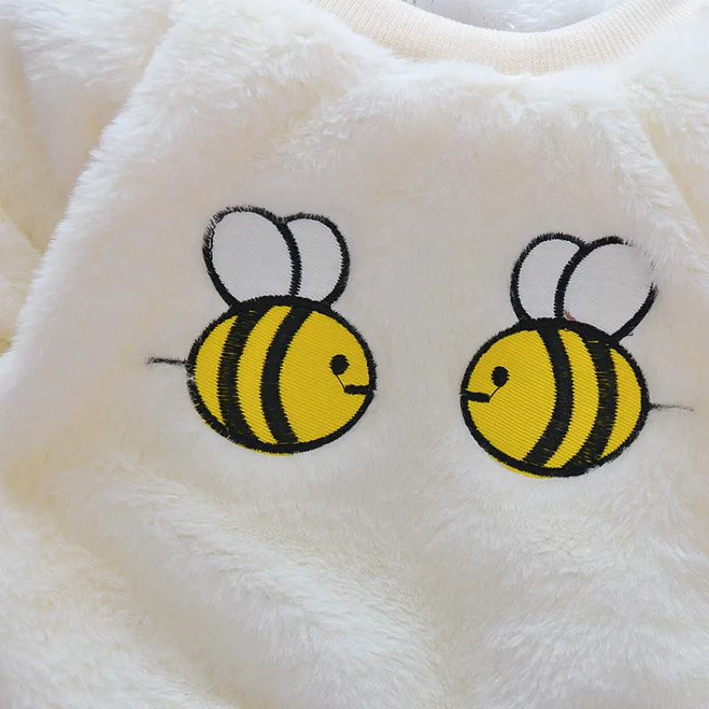 Toddler Girls Cute Cartoon Bees Embroidery Warm Flannel Pullovers Long Sleeve Winter Warm Flocking Hoodies Sweet Tops