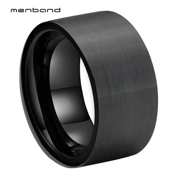 

Large Men Ring Black Tungsten Wedding Ring Flat Band And Brushed Finish 12MM Ring Box Available