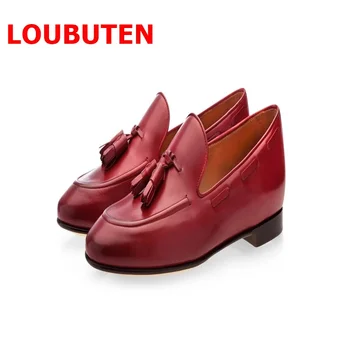 

LOUBUTEN Loafers Men Tassel Shoes Luxury Brand New Handmade Jujube Red Leather Slip On Dress Shoes Men's Flats Prom Shoes