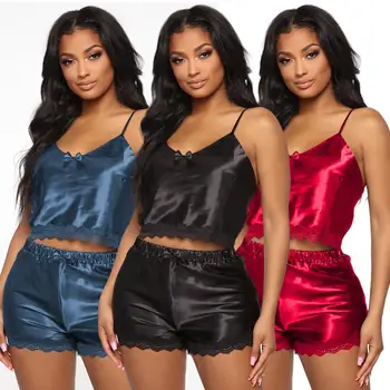 

Women Summer Pajama Sets Comfortable Crop Top Camis+Shorts Suit Female 2 Piece Sleepwear Lace Patchwork Women Two Piece Pajamas