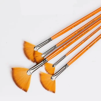 

5 pcs Two-color nylon hair Fan shap Orange Long wood pole Pen oil painting acrylic brush fan water chalk set Art supplies