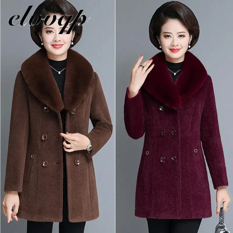 

5xl 2020 New Winter Middle-aged Women's Mother Mink Velvet Woolen Coat Female Elegant Fur Collar Mid-length Wool Coat