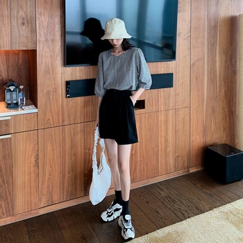 

COIGARSAM blouse women New Summer Puff Sleeve O-Neck blusas womens tops and blouses Vintage Plaid B1271