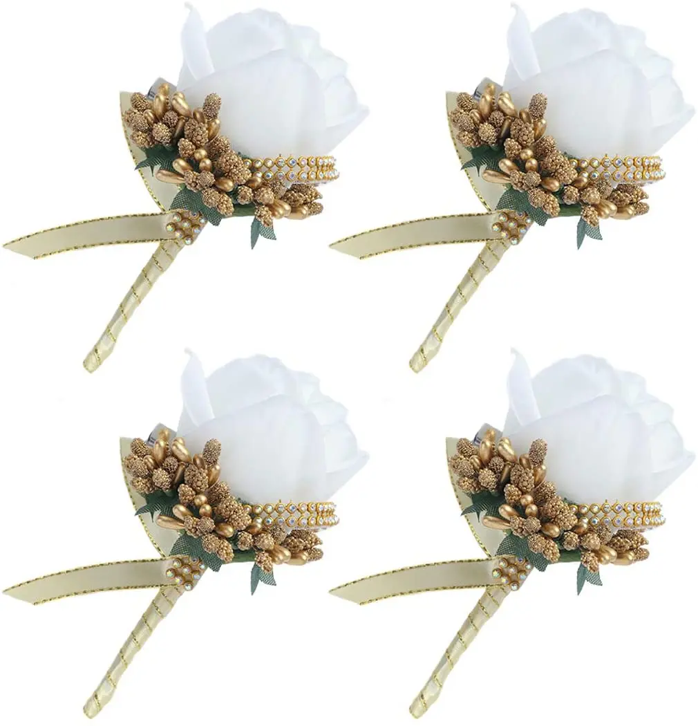 Set Of 4 White Gold Rose Flower Boutonniere With Leaves And Ribbons Artificial Silk Plants