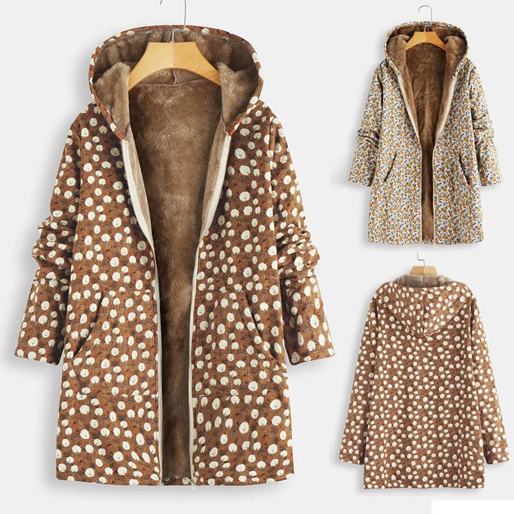 Женская куртка, Женское пальто, плюс размер, зимняя, теплая, винтажная, цветочный принт, ассиметричная, с капюшоном, с карманами, верхняя одежда# A10