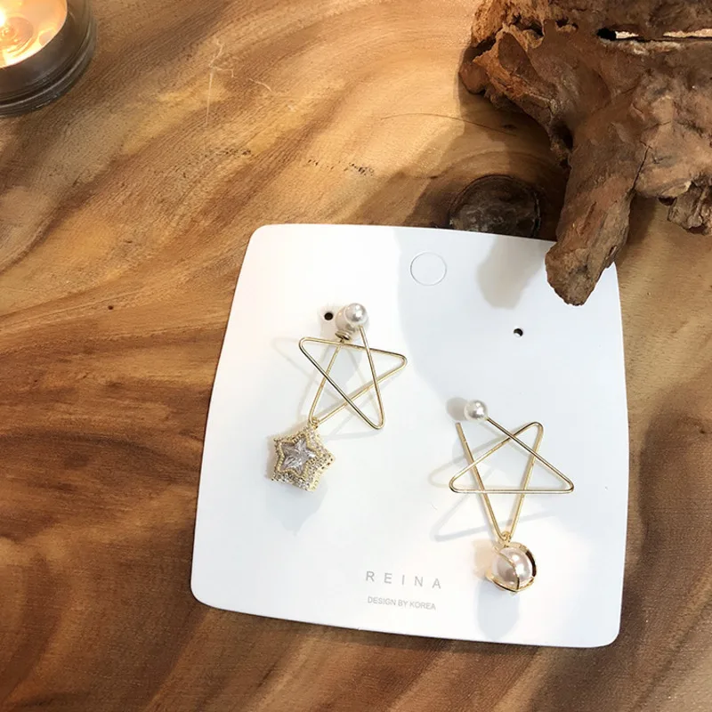 

2019 Korea New Five-pointed Star Zircon Pearl Dangle Earrings Metal Stars Earrings Female Models Fashion Jewelry