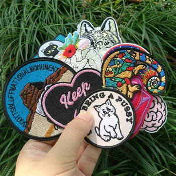 

Round landscape painting wave wolf dog embroidery patch cloth clothes accessories T-shirt chest stickers armband hole decals DIY