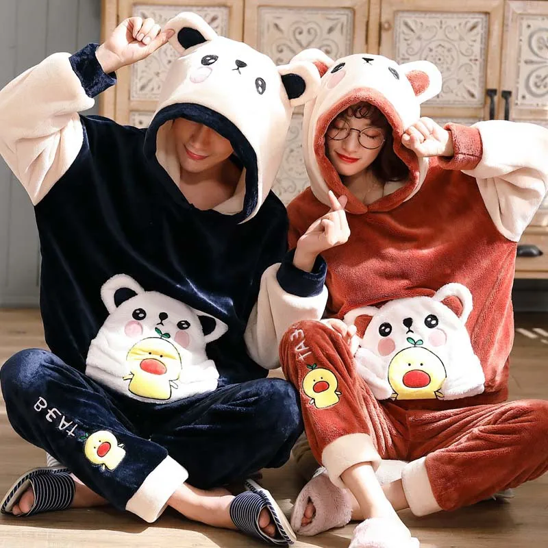 Unisex Adult Couple Pajamas Men Winter Velvet Sleepwear 2 Pieces Warm Flannel Pajamas Suit Set Animal Cartoon Cute Home Clothes mens sleep wear