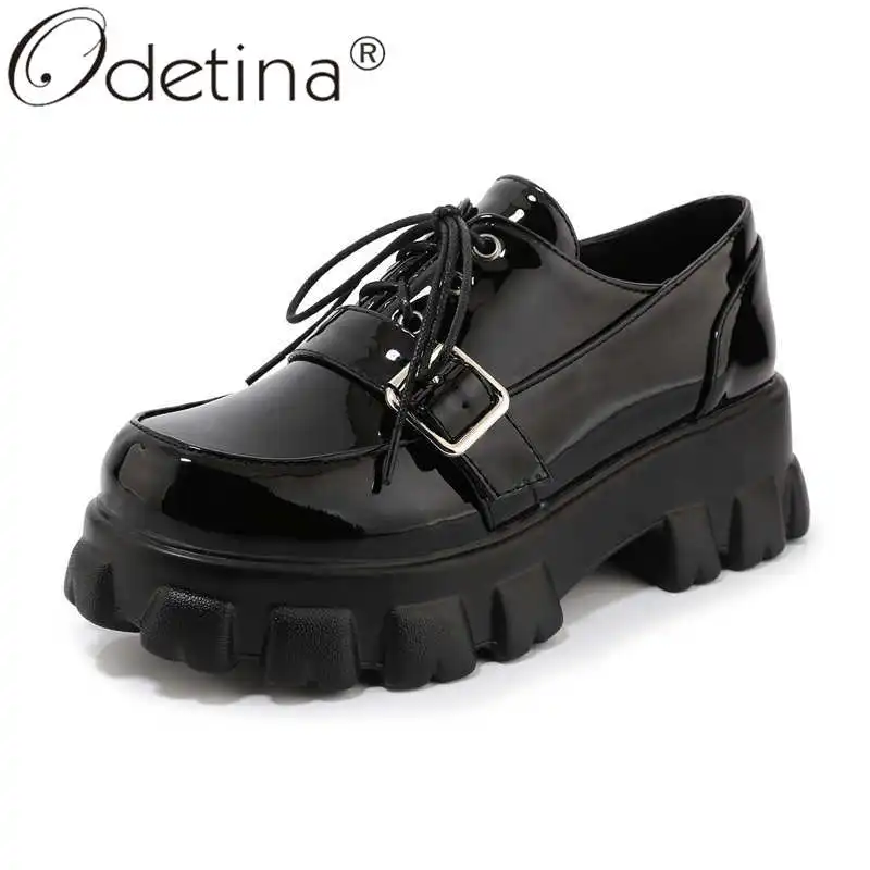 

Odetina Women Fashion Patent Leather Buckle Strap Loafers Shoes Lady Platform Cross-tied Round Toe Block High Heel Casual Shoes